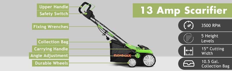 Eletriclife 13Amp Corded Scarifier 15 Inches Electric Lawn Mower with 50L Collection Bag