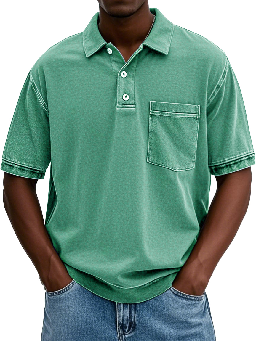 Men's Vintage Washed And Distressed Pure Cotton Lapel Short-sleeved Polo Shirt