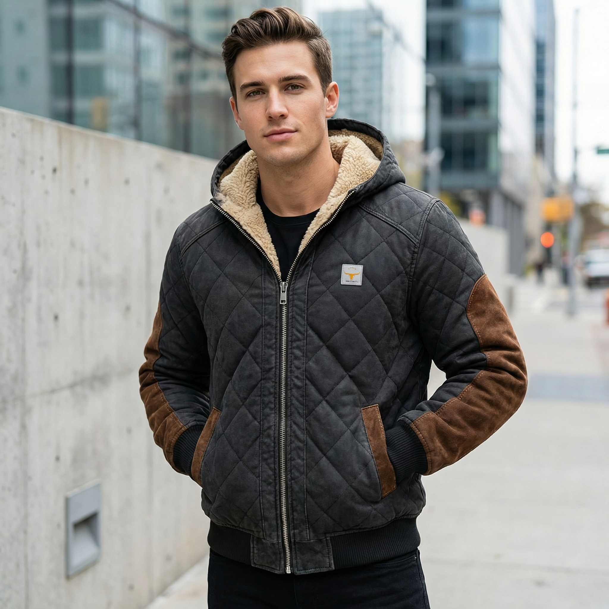 Men's Retro Quilted Patchwork Warm Zipper Outdoor Jacket