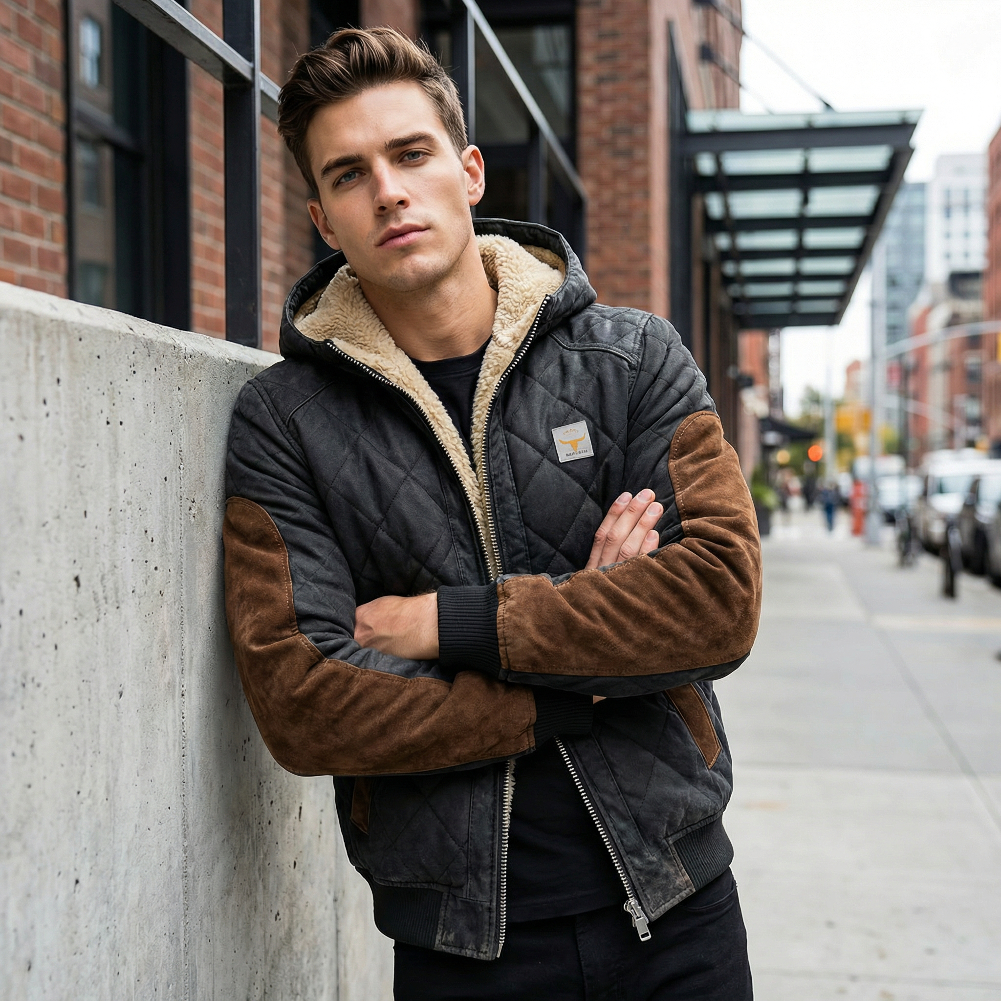 Men's Retro Quilted Patchwork Warm Zipper Outdoor Jacket