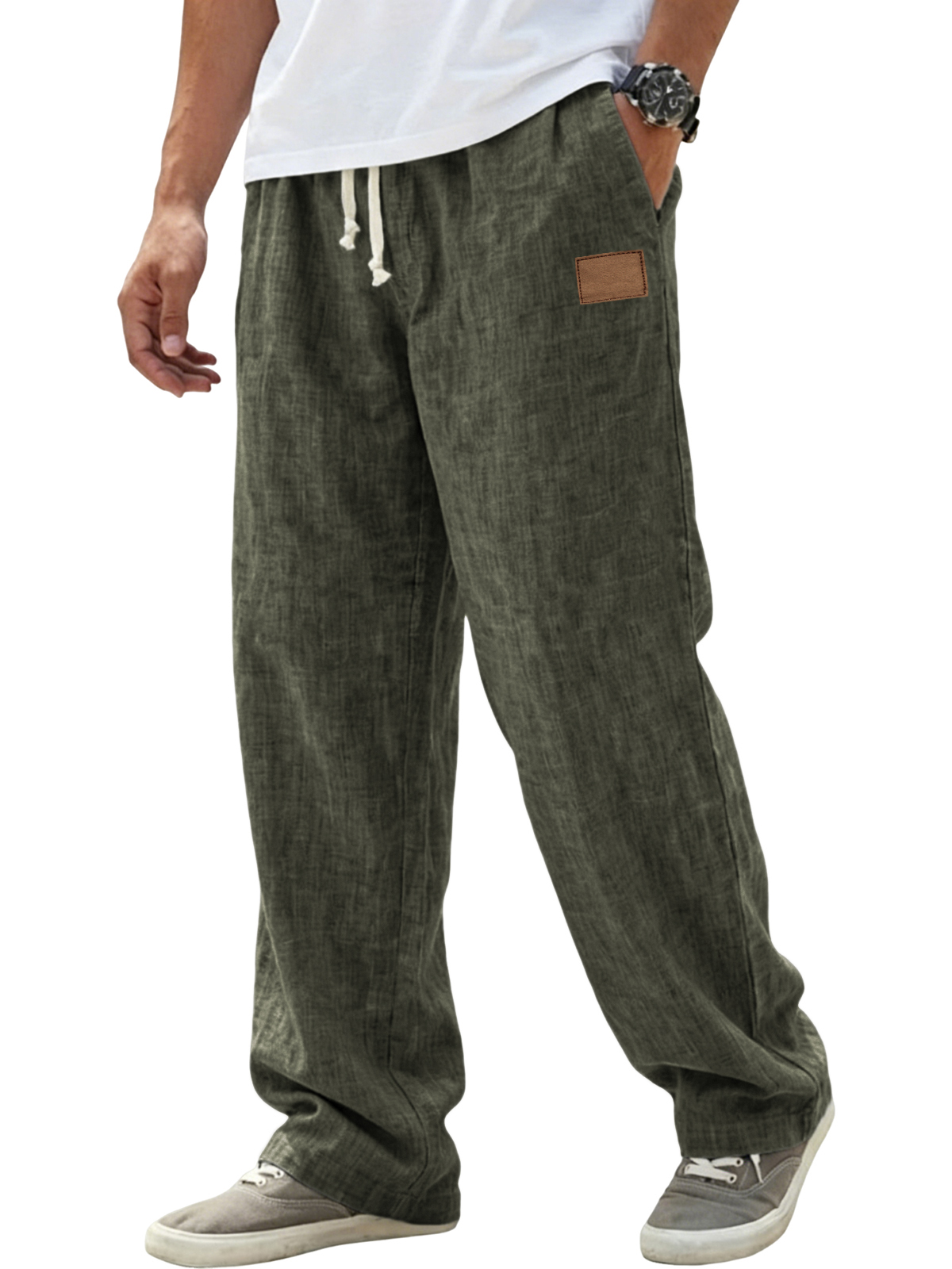 Men's Breathable Linen Pants Resort Casual Loose-Fit Trousers with Embroidered Leather Patch