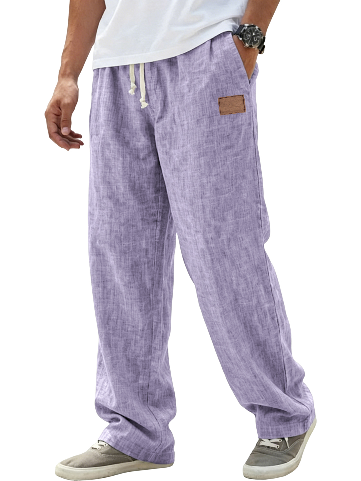 Men's Breathable Linen Pants Resort Casual Loose-Fit Trousers with Embroidered Leather Patch