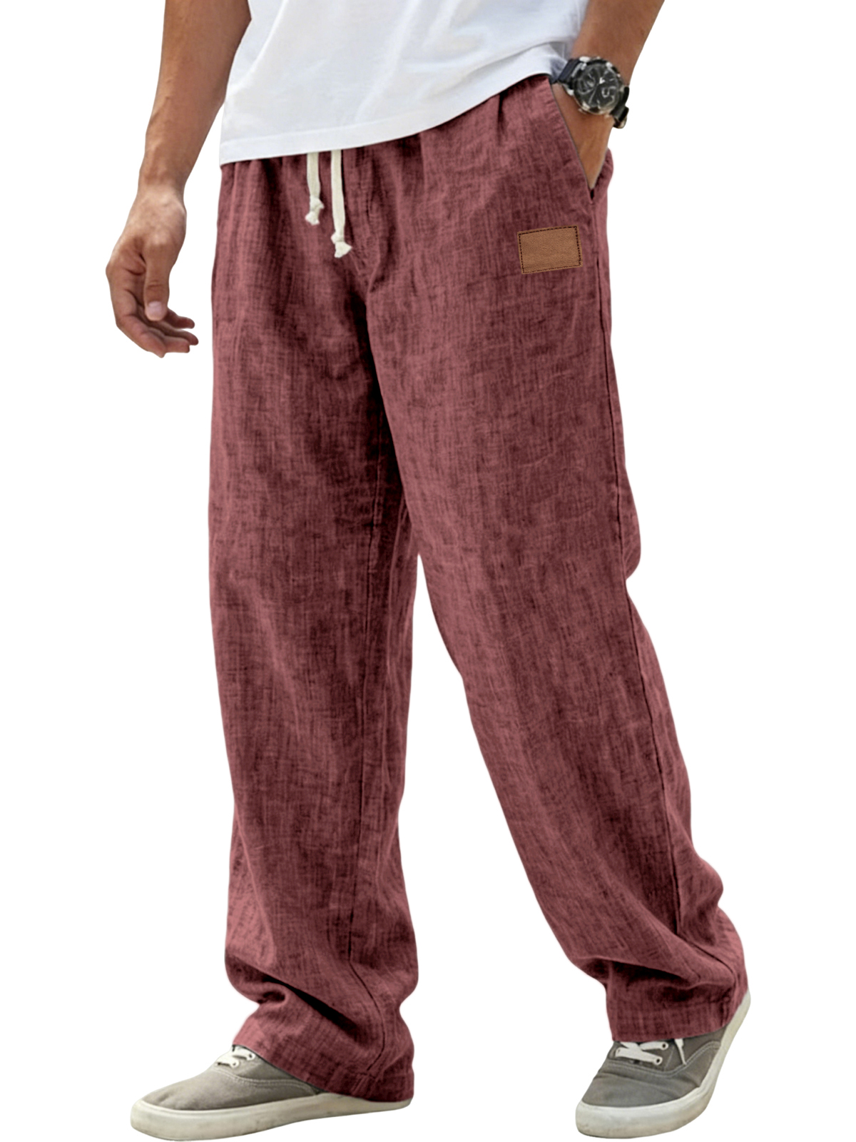 Men's Breathable Linen Pants Resort Casual Loose-Fit Trousers with Embroidered Leather Patch