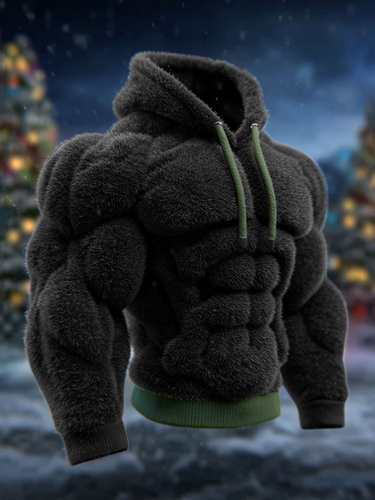 Men's Vintage Muscle Line Art Flannel Cozy Hooded Sweatshirt