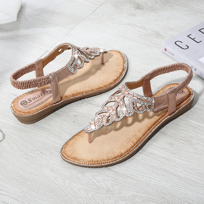 T-strap Leaf Rhinestone Flats Sandals