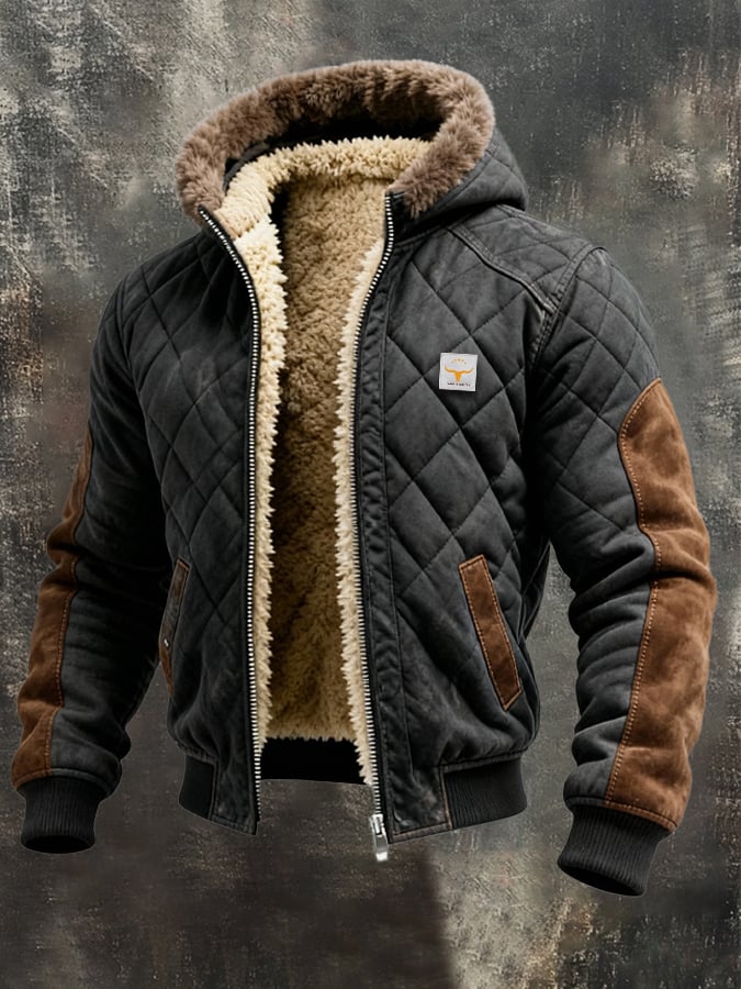 Men's Retro Quilted Patchwork Warm Zipper Outdoor Jacket