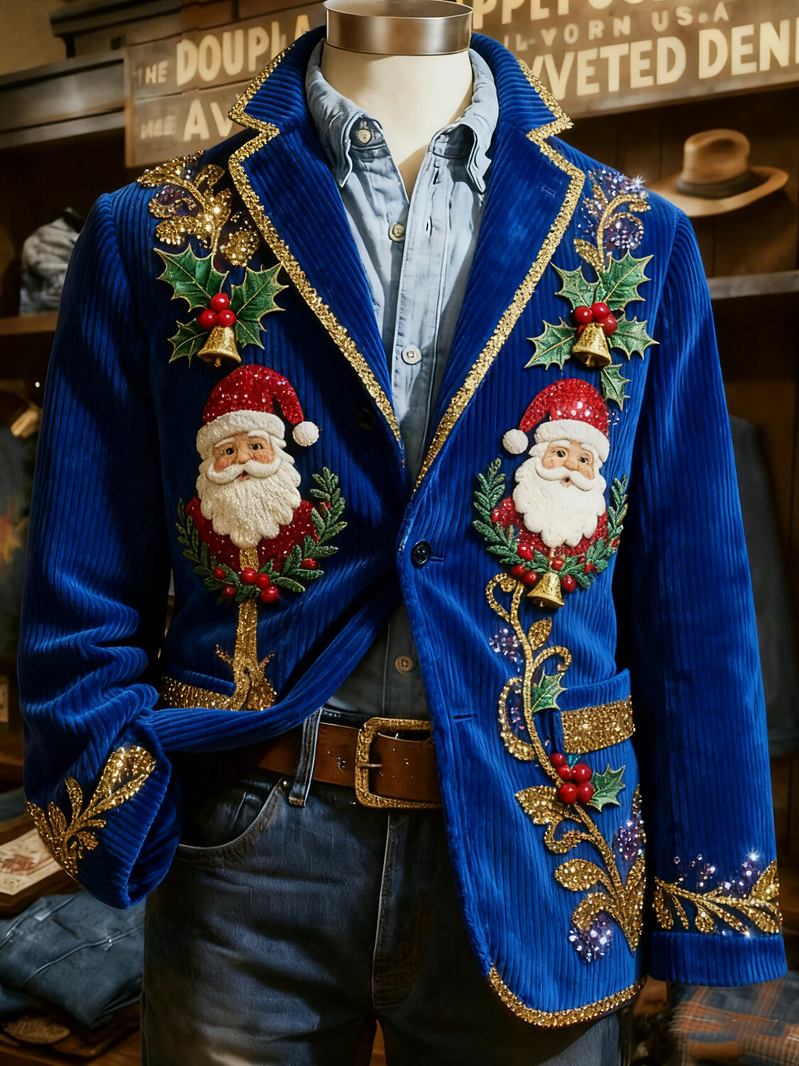 Men's Christmas Bell Holly Santa Claus Print Corduroy Blazer