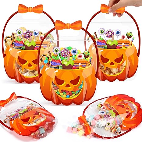 Fuutreo 50 Pcs/100PCS Halloween Favor Bags Transparent Pumpkin Sealed Pouches🍬