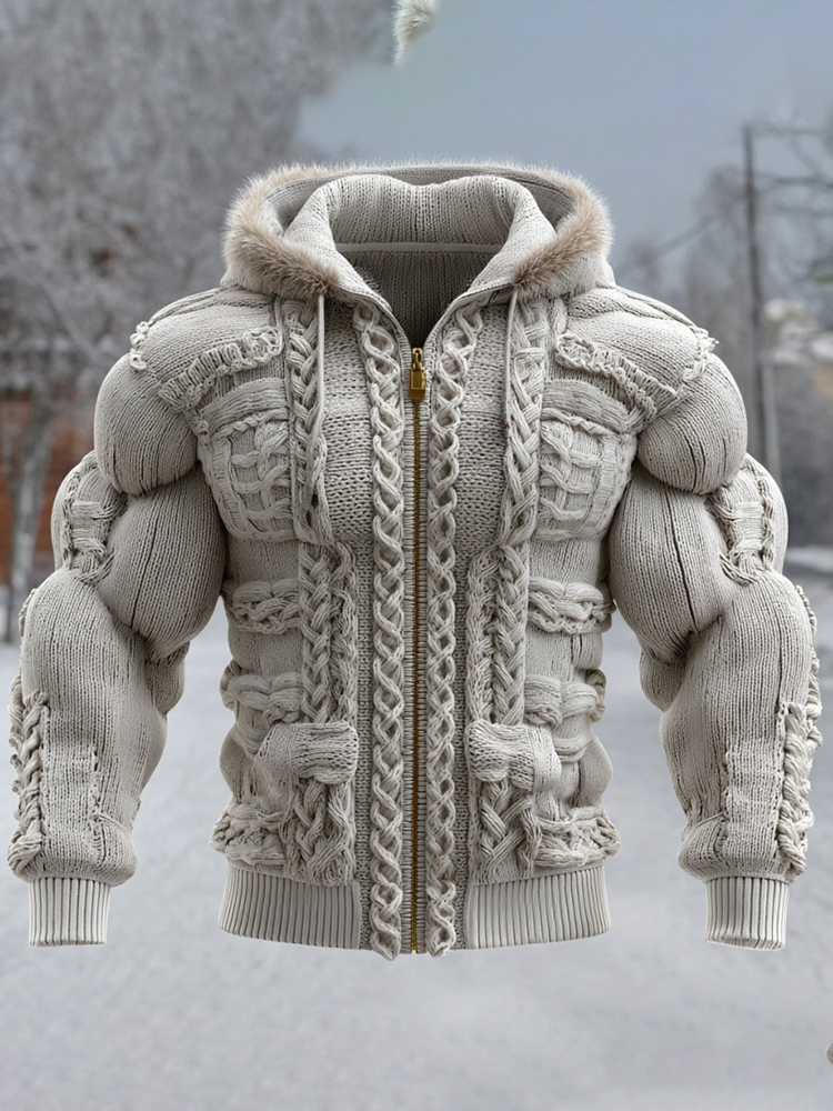 Men's Vintage Viking Christmas Knitted Fur Collar Hooded Sweater