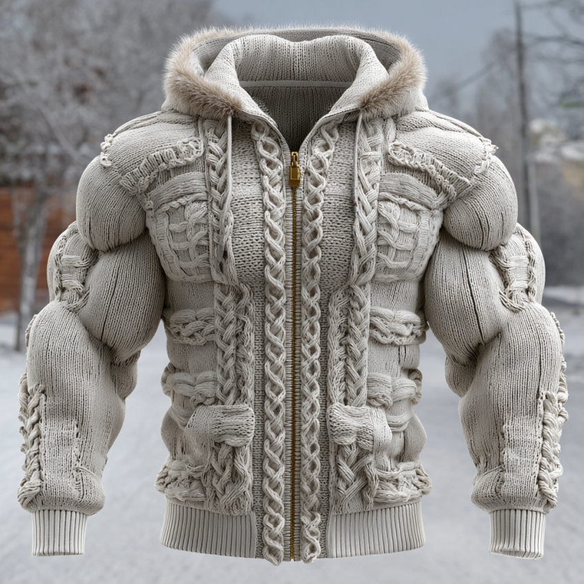 Men's Vintage Viking Christmas Knitted Fur Collar Hooded Sweater