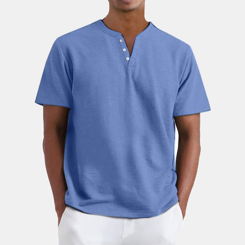 Men's Summer Solid Color Henley Short Sleeve T-shirt