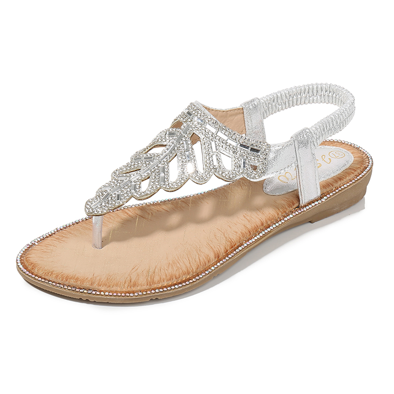 T-strap Leaf Rhinestone Flats Sandals