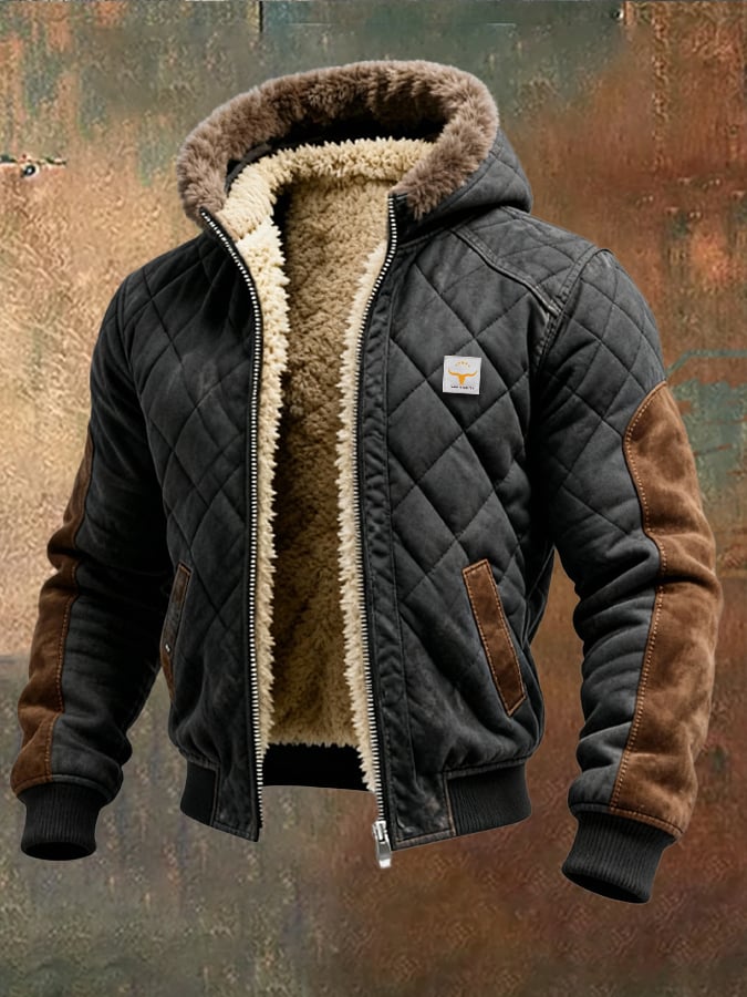 Men's Retro Quilted Patchwork Warm Zipper Outdoor Jacket