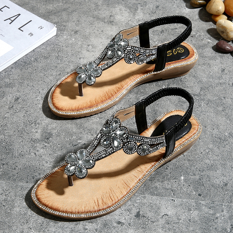 T-strap Flower Rhinestone Flats Sandals