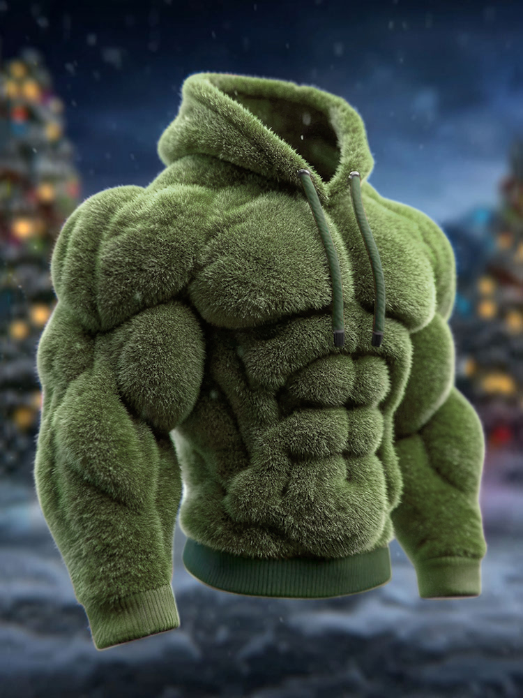 Men's Vintage Muscle Line Art Flannel Cozy Hooded Sweatshirt