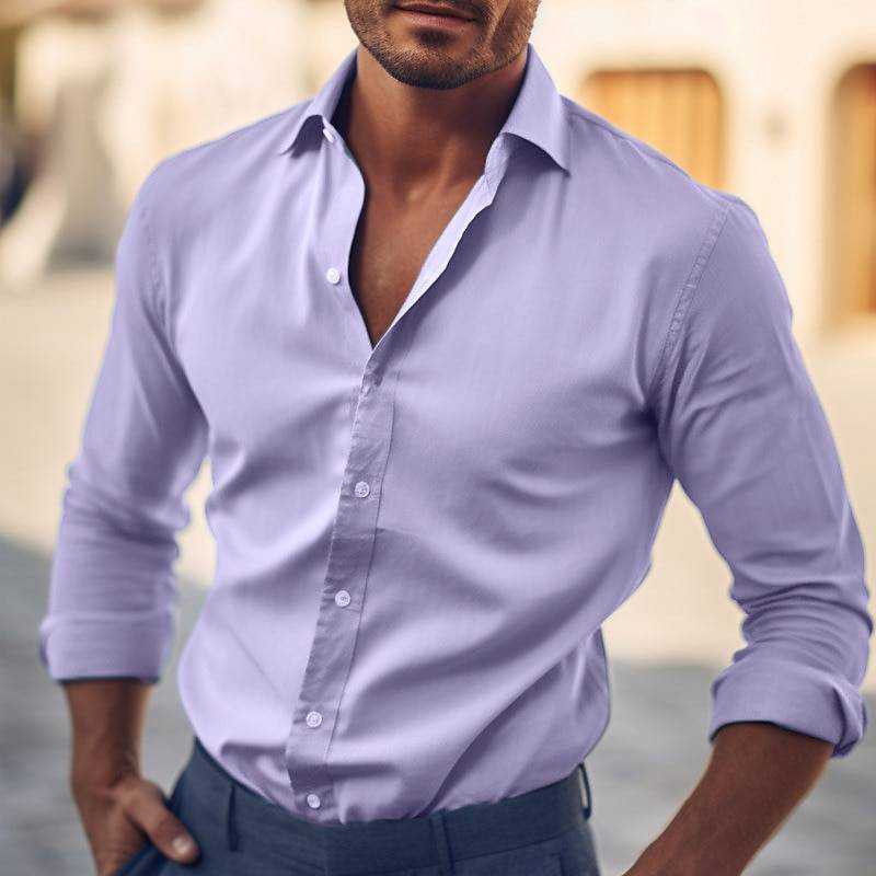 Men's Casual Daily Turndown Collar Button Up Long Sleeve Solid Shirt