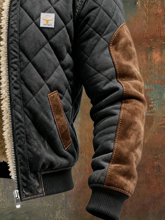 Men's Retro Quilted Patchwork Warm Zipper Outdoor Jacket