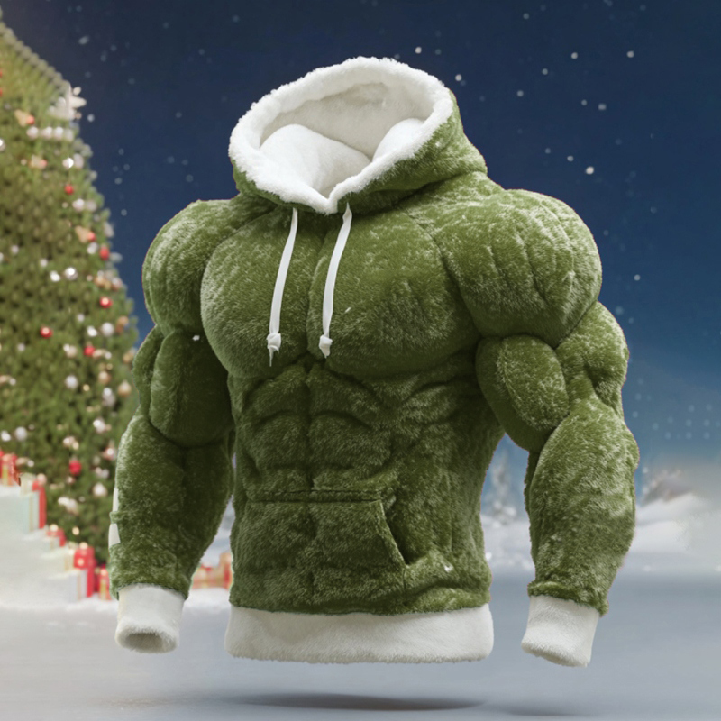 Men's Christmas Muscle Art Flannel Warm Hoodie