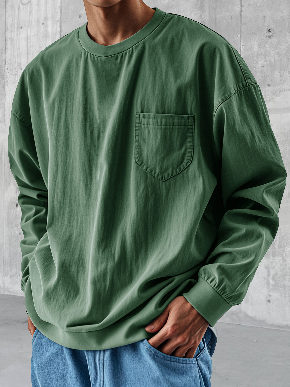 Men's Fashionable Round Neck Casual Pocket Long Sleeve Tops