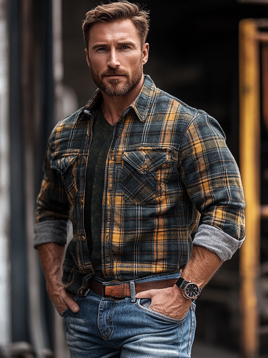 D-Brand Men's Plaid Print Fleece-Lined Button-Down Shirt with Pockets