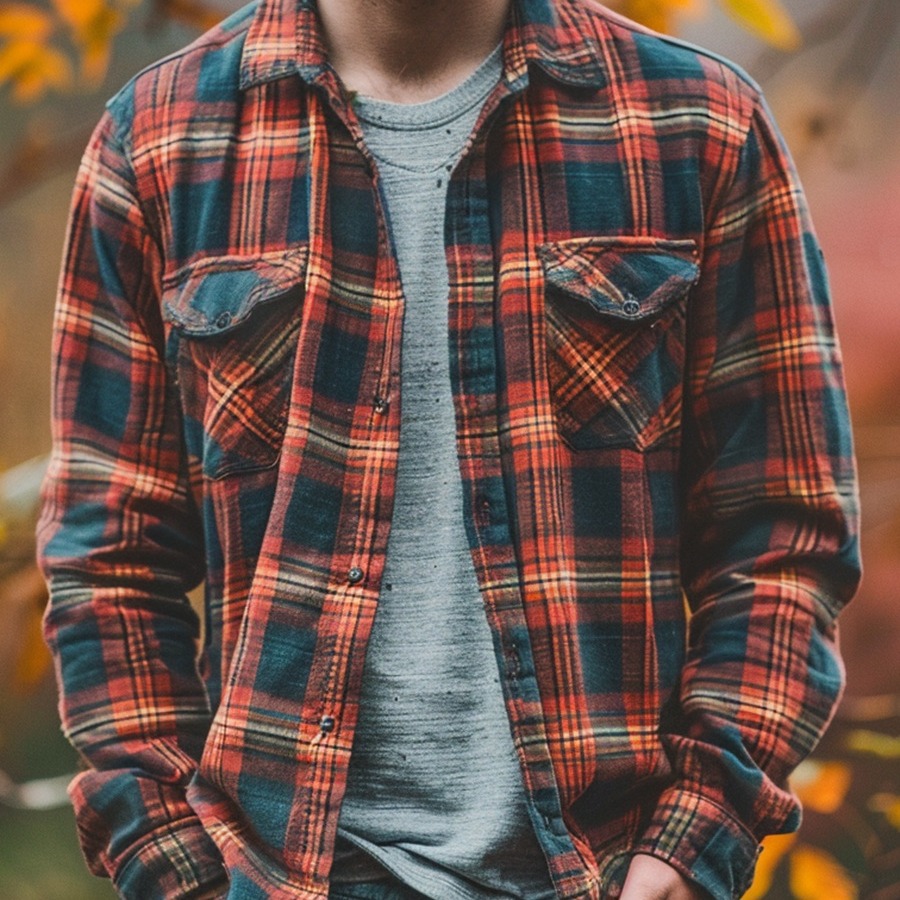 D-Brand Men's Plaid Print Fleece-Lined Button-Down Shirt with Pockets