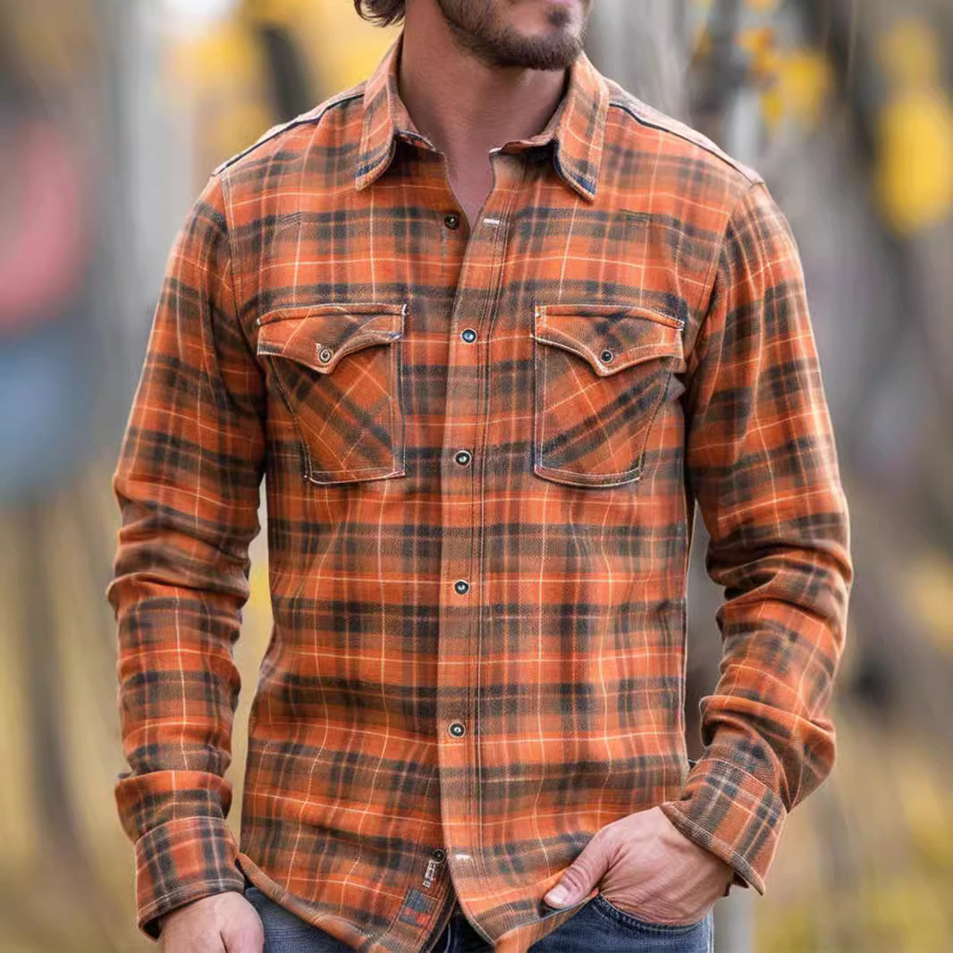 D-Brand Men's Plaid Print Fleece-Lined Button-Down Shirt with Pockets