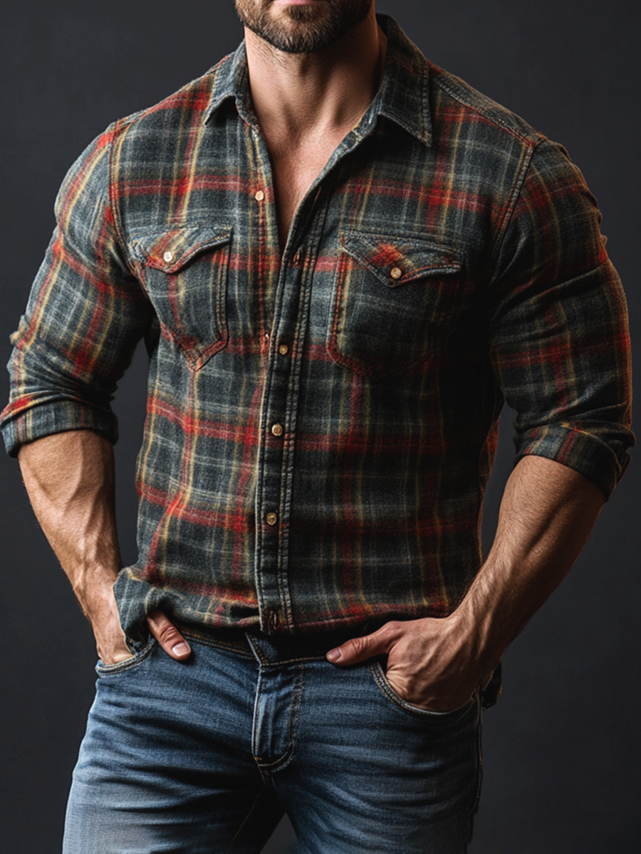 D-Brand Men's Plaid Print Fleece-Lined Button-Down Shirt with Pockets