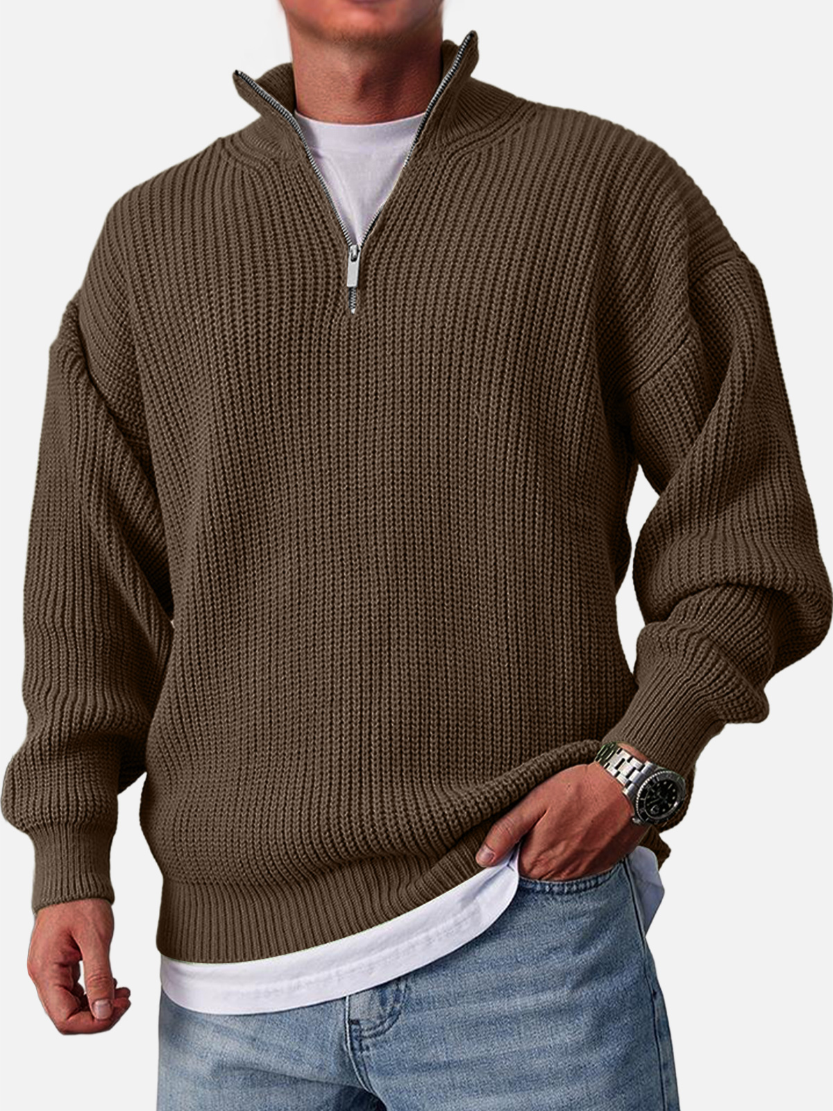Men's Casual Fashion Loose Zipper Stand Collar Solid Color Sweater