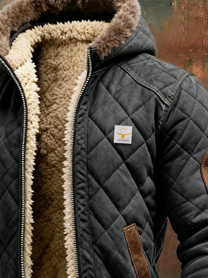 Men's Retro Quilted Patchwork Warm Zipper Outdoor Jacket