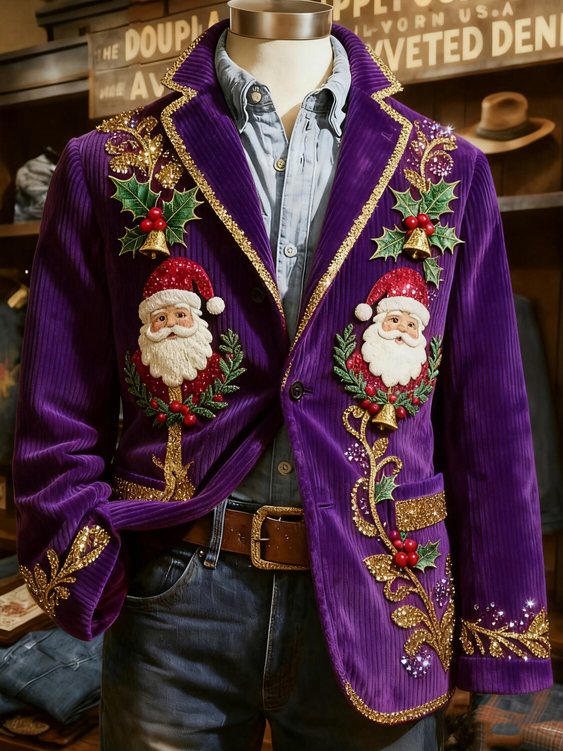 Men's Christmas Bell Holly Santa Claus Print Corduroy Blazer