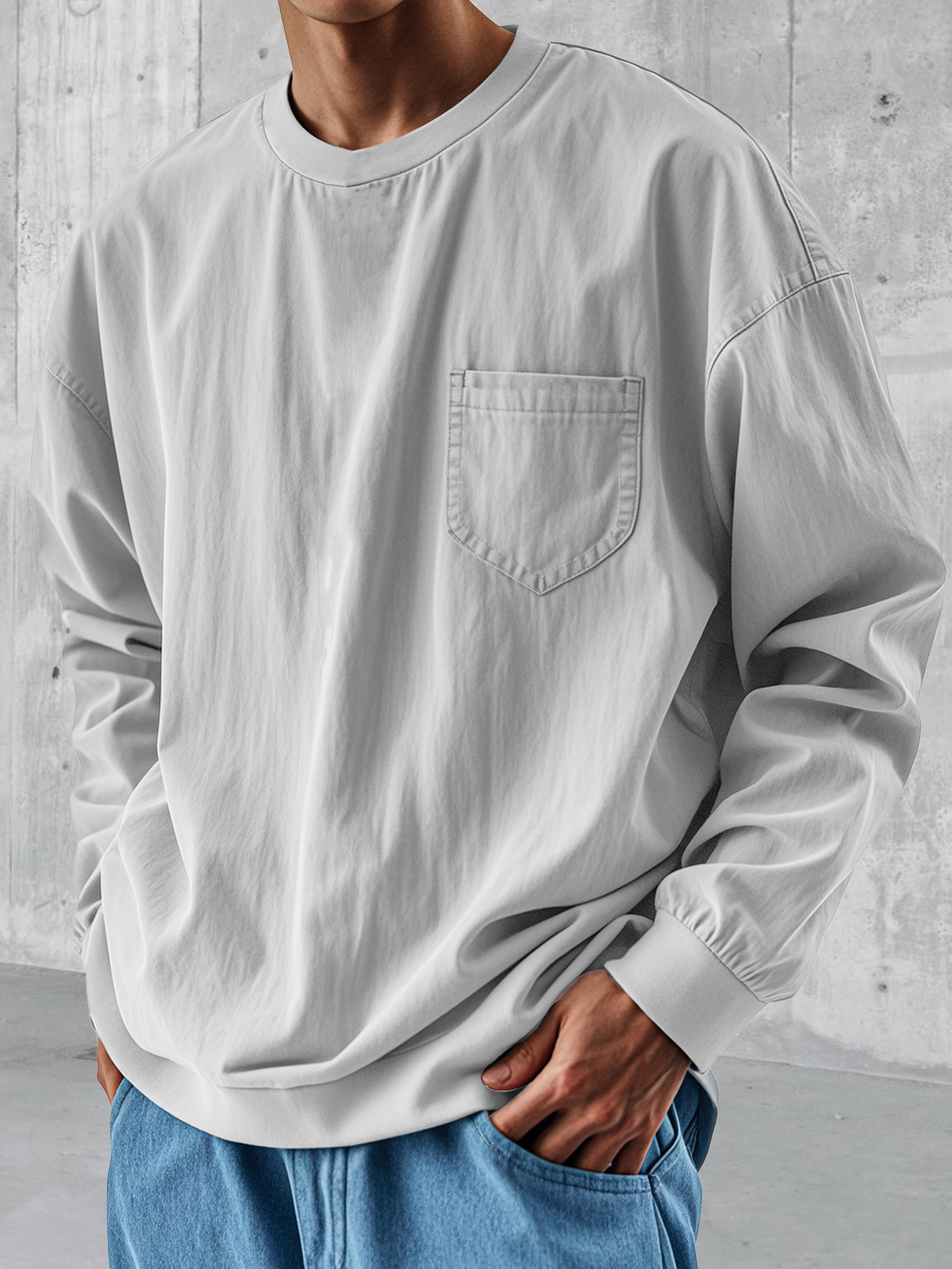 Men's Fashionable Round Neck Casual Pocket Long Sleeve Tops