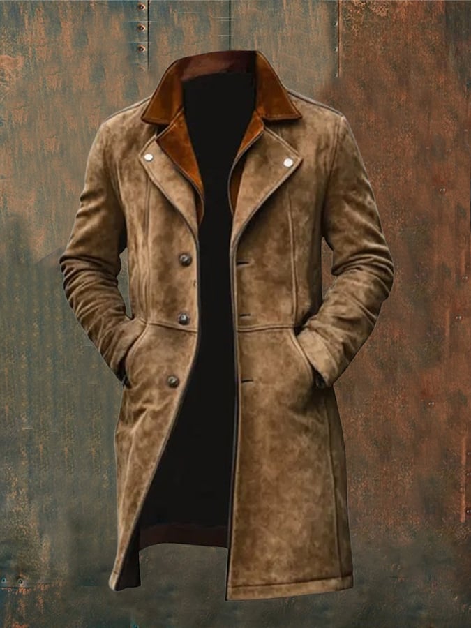 Mens Vintage Suede Color Block Patchwork Multi-Pocket Reverse Collar  Jacket Coat