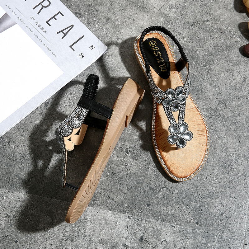 T-strap Flower Rhinestone Flats Sandals