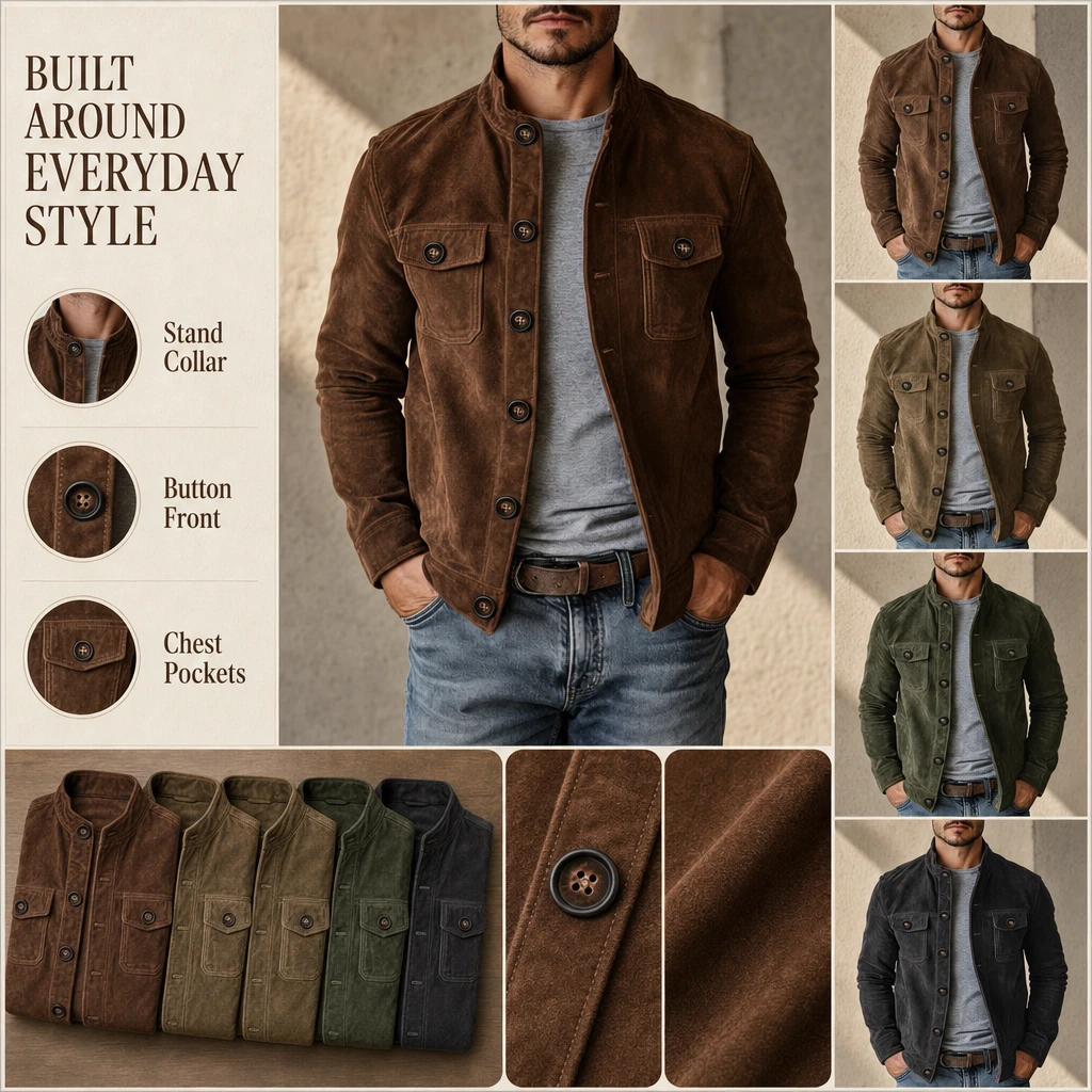 Men's Suede-Leather Button-Front Field Jacket