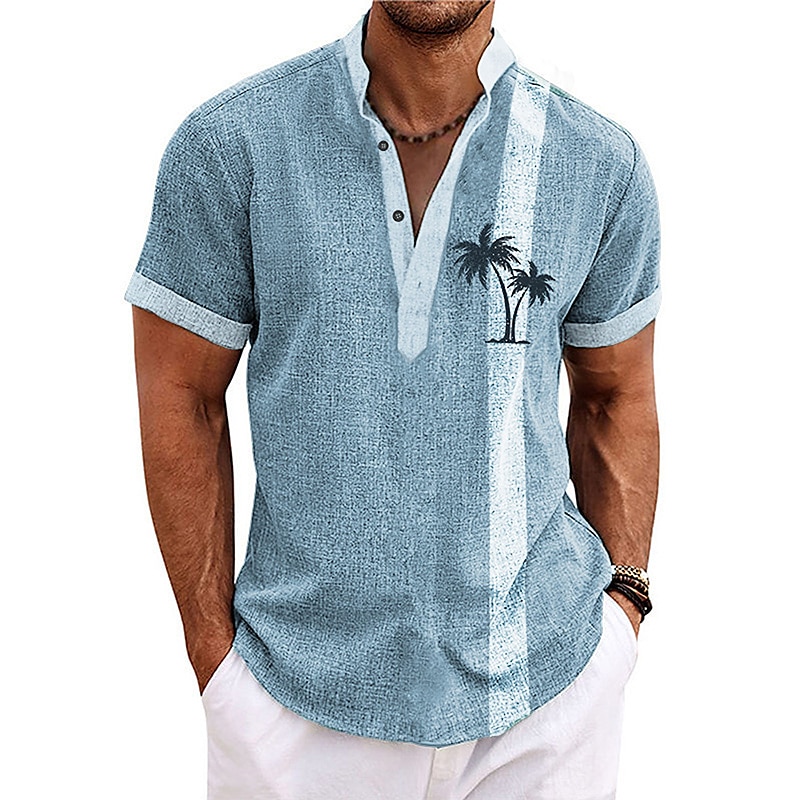 Men's Shirt Linen Shirt Beach Shirt Coconut Tree Outdoor Vacation Light Green Navy Blue Blue Brown Short Sleeve Stand Collar Summer Spring Clothing Apparel Print