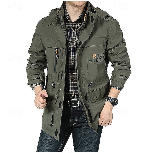 Men's Waterproof Rain Jacket Military Cargo Jacket Tactical Jacket Casual Hooded Cargo Sports Coat Windbreaker Outdoor Warm Windproof Winter Coat Jacket Top Hunting Fishing Army Green Softshell Jacket