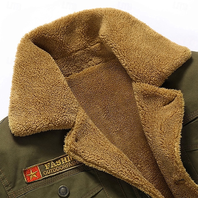 Men's Embroidered Fleece Jacket Cargo Jacket merican US Flag Print Turndown Collar Long Sleeve Military Tactical Jacket Vintage Thermal Warm Winter Outwear Multiple Pockets Button Front Cotton Coat