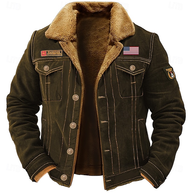 Men's Embroidered Fleece Jacket Cargo Jacket merican US Flag Print Turndown Collar Long Sleeve Military Tactical Jacket Vintage Thermal Warm Winter Outwear Multiple Pockets Button Front Cotton Coat