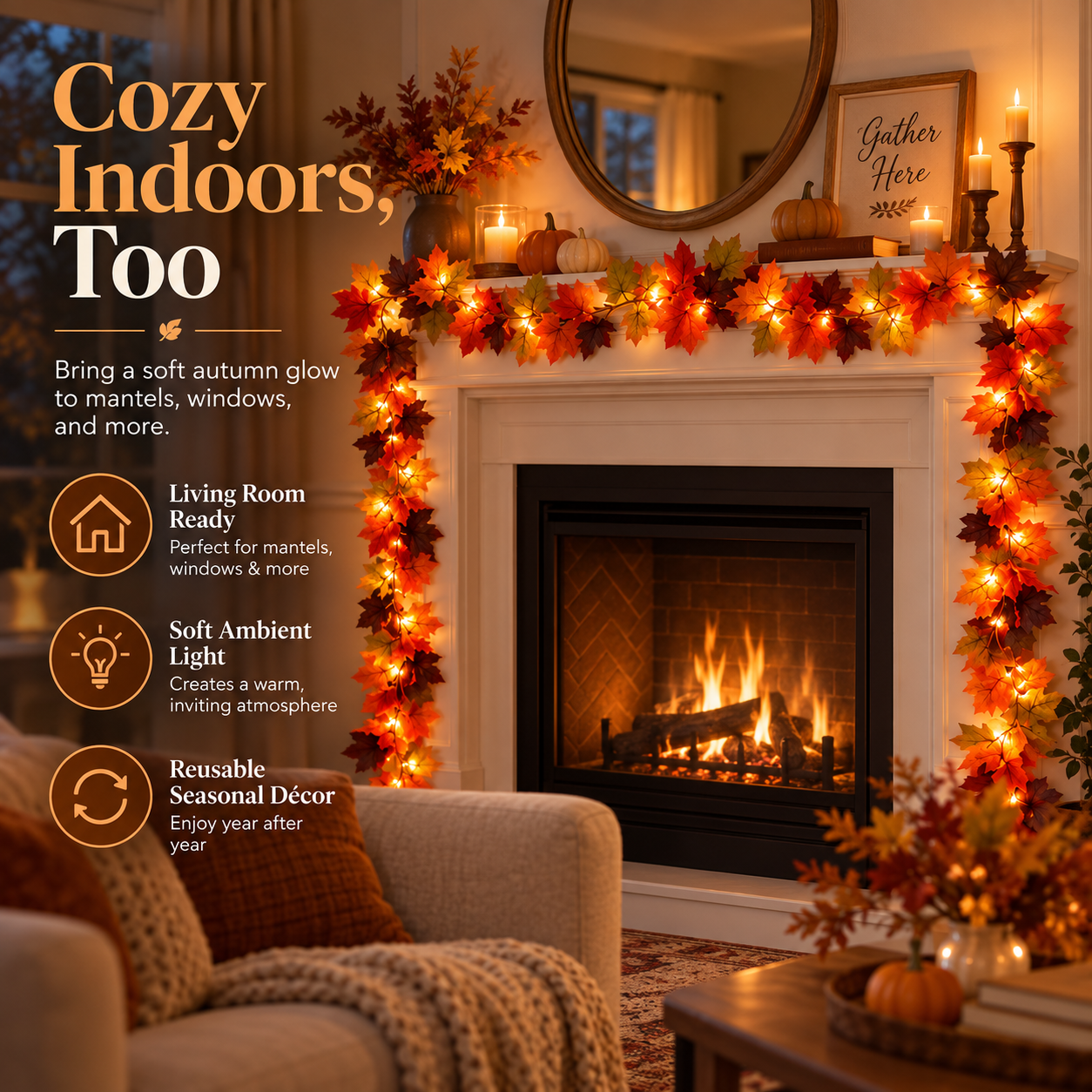 🍁Lighted Maple Leaf Garland – Warm LED Fall Decor for Porch, Door & Mantel