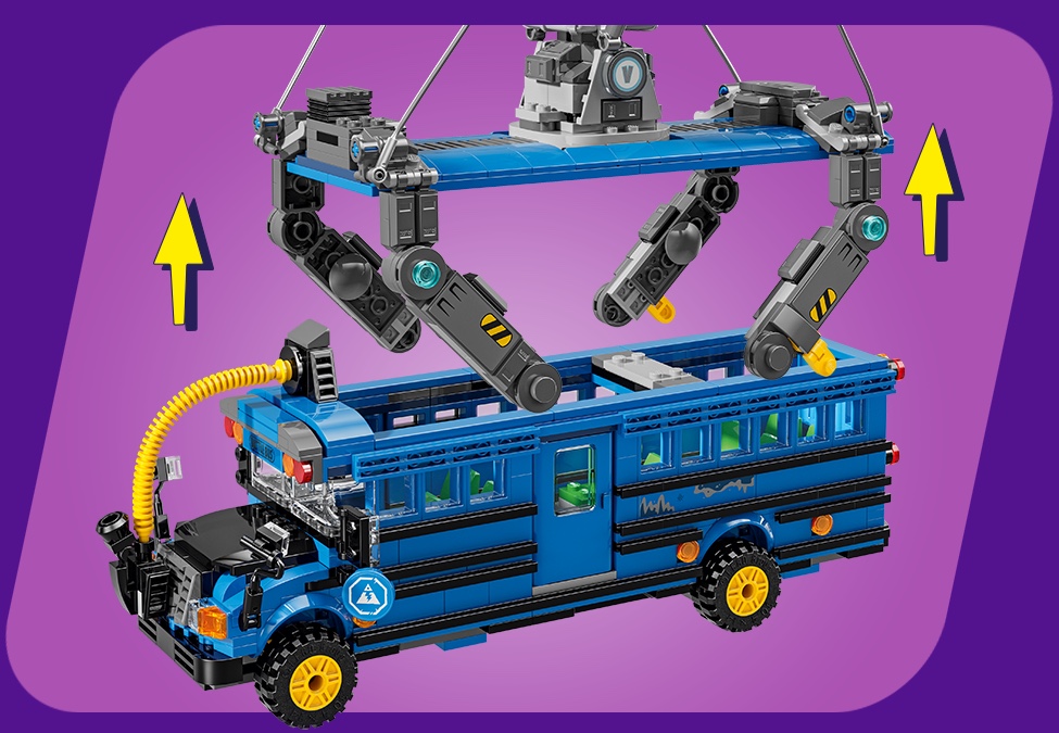 Detail demonstrating how the balloon feature detaches from the LEGO Fortnite Battle Bus set