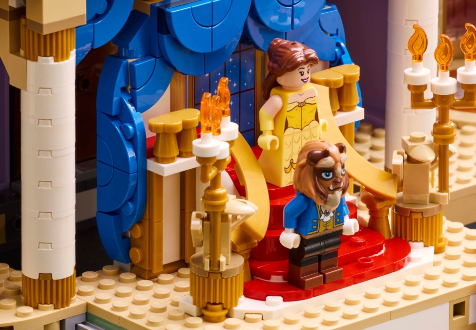 Belle and Beast minifigures on the removable grand staircase section.