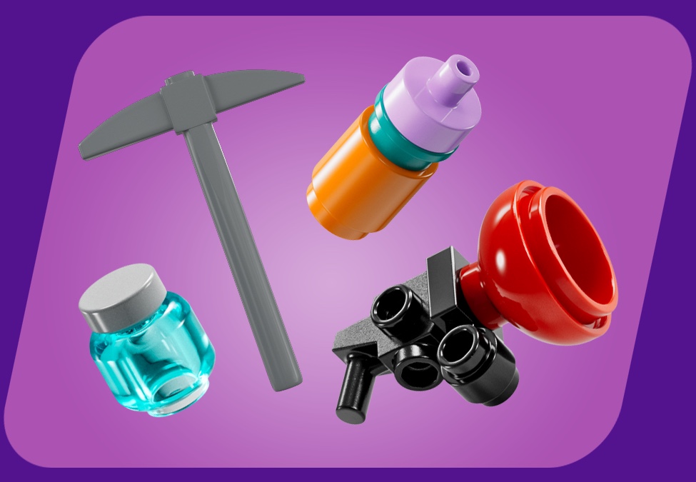 Assortment of elements in the LEGO Fortnite Battle Bus set