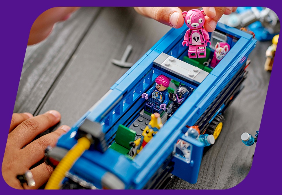 LEGO Fortnite Battle Bus viewed from above, where there is an open hatch to view the inside