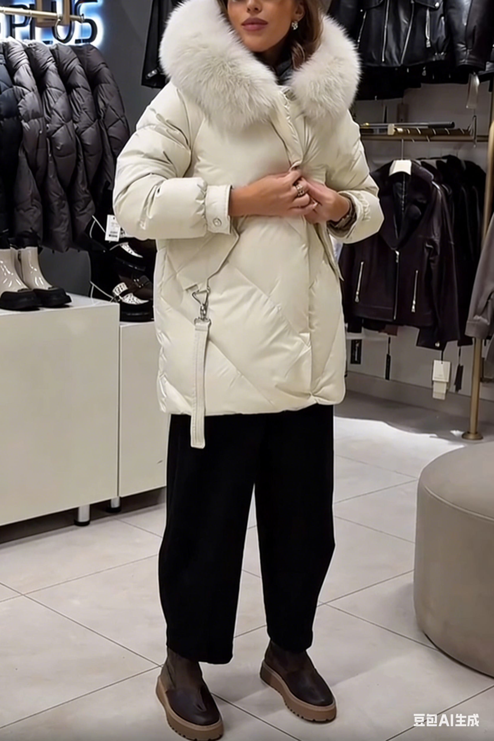 Faux Fur-Trimmed Puffer Jacket with Utility Straps