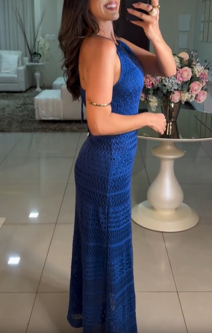 Chic Knit Crochet Maxi Dress with Open Back