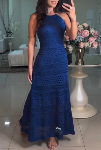 Chic Knit Crochet Maxi Dress with Open Back