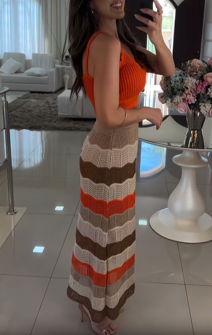 Crochet Knit Set with Striped Skirt