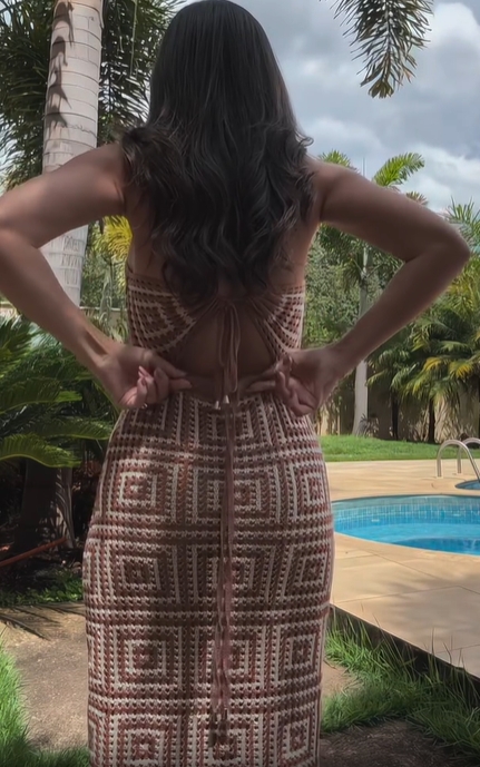 Chic Knit Crochet Maxi Dress with Open Back