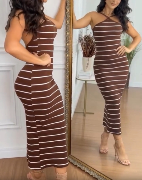 Elegant Crisscross Back Ribbed Midi Dress