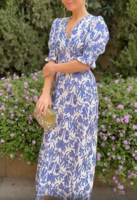 Floral Pattern V-Neck Puff Sleeve Midi Dress